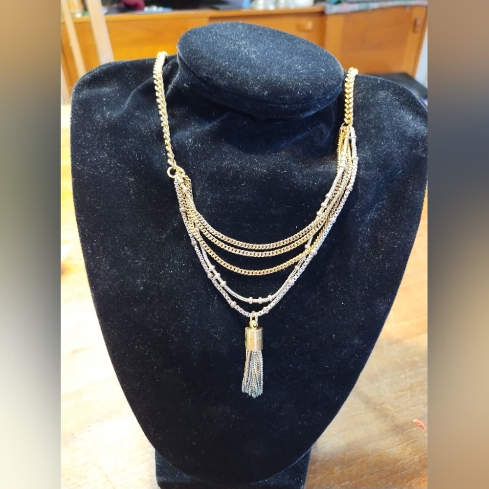 Vintage Multi Strand Gold Coloured Necklace with Chain Dangle